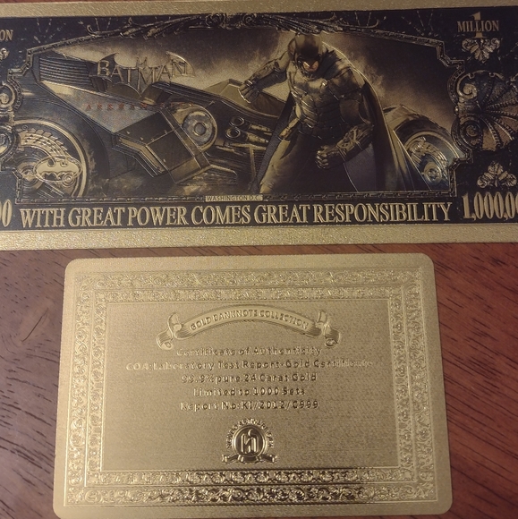 BATMAN THE DARK KNIGHT 24k GOLD NOVELTY NOTE w/GOLD CERTIFICATE OF AUTHENTICITY - Picture 2 of 15